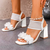 Fashion Flowers High Heel Sandals Women Summer Elastic Strap Slip On Thick Heeled Sandals Woman Plus Size Square Toe Party Shoes