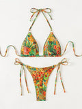 Tropical Print Bikini Set Women's 2026 New 2 Piece Swimsuit Sexy Triangle Halter Backless Thong Swimwear Beach Vacation Wear