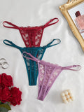 3Pcs/Set Women Sexy Floral Lace Thong Panties Low Waist Hollow Lace Sexy Lingerie Adjustable Thin Strap Underwear