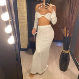 Sexy Knitted Sling Long Skirts Woman's Set Casual Slim Solid Lace Up Tube Tops Slit Skirt Sets Female Summer Beach Dress V6187