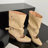 Vintage Y2k Slouchy Knee High Western Boots Women Chunky Block Heel Summer Cowboy Knee High Boots Motorcycle Boots Shoes