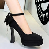 BIGTREE Women's Pointed Toe High Heels Back Bowknot Elegant Flock Ankle Strap Pumps for Women Black Dress Shoe Wedding Party