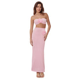 Women’s Two Piece Summer Outfits Solid Color Strapless 3D Flower Tube Tops and Long Skirt Set Knitted Holiday Beachwear