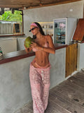 Sexy Pink Bikini Set Lace Wide-Leg Pants Soft Top Women 3Pcs Swimsuit Sexy Lace Up Bikini Set Swimwear Beachwear Summer Glamour