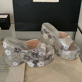 2025 Vintge Denim Blue Summer Chunky Platform Sandals Women Slides Chunky High Heels Wedges Shoes Mules Outdoor Slipper