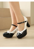Plus Size Crossed Thin Ribbon Bow Shallow High-Heeled Shoes Patent Leather Splicing White PU Sweet Lolita Style Pumps