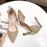ZOKI Bling Gold Silver Women's Pumps 2024 Sexy Point Toe Thin Heel Party Wedding Shoes Woman Summer Ankle Strap High Heels Shoes