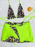 2026 Summer Leopard Print 3 Pieces Suit Swimwear Reversible Sexy Halter Lace-up Bikini Set Drawstring Skirt Cover Up Beachwear