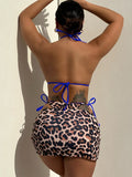 2026 Summer Leopard Print 3 Pieces Suit Swimwear Reversible Sexy Halter Lace-up Bikini Set Drawstring Skirt Cover Up Beachwear