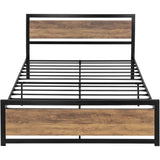 Queen Metal Platform Bed Frame with Brown Wood Panel Headboard and Footboard
