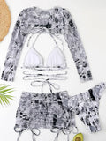 Long Sleeve Printed Halter Bikini Female Swimsuit Women Swimwear Four-pieces Bikini Set with Mesh Skirt Bathing Suit Beach Wear