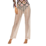 S - XL Women Crochet Knitted Beach Pants Hollow Out Elastic Straight Casual Trouser Holiday Beach Wide Leg Bikini Cover Up V2651