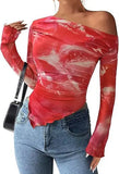 Women's Off-Shoulder Ruffled Sleeve Long-Sleeve Top with Asymmetrical Tie-Dye Mesh Asymmetrical Pleated Floral Print T-Shirt
