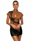 Women's Cheongsam Tops Mock Neck Short Sleeve Lace Patchwork  Blouse Chinese Style Keyhole Summer Shirts