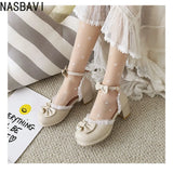Girls Women 2026 Lolita Square Heeled Leather Single Shoes White Bow Lolita Mary Janes Summer Buckle Strap Sandals Dress Shoes