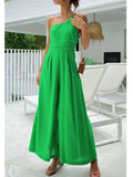 Foridol Waist Folds Backless Double Strap Casual Wide Leg Jumpsuit Long Pants Green 2025 New Female Loose  Jumpsuit