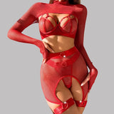 Toucheart Sexy Lingerie Set For Women Hollow Mesh See-through Sexy Temptation Free Underwear Long Sleeves Garters Lingerie Set