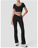Summer Quick Drying Yoga Sets Women Black Patchwork Short Sleeve Cross Neck Sports Top High Waist Flared Pants Fitness Suits