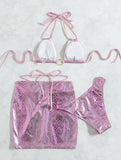 3PCS with Skirt Shiny Snake Skin Bikini Women Swimwear Female Swimsuit Three-pieces Bikini Set Halter Bathing Suit Beach Wear