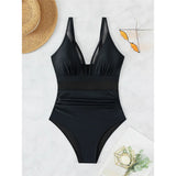 S - XL New Sexy Mesh Sheer V Neck Women Swimwear One Piece Swimsuit Female High Leg Cut Monokini Bather Bathing Suit Swim V5136