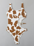 2026 Cow Print Rib Cut-out One Piece Swimsuit Ring Link Swimwear Women Bathing Suit Female Swimming Summer Beachwear Bodysuit
