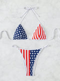 Women's USA Flag Print Triangle Bikini Set, Halter Neck Two Piece Swimsuit for Beach & Patriotic Holidays