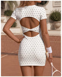 Retro Polka Dot Sports Tennis Dresses Women Quick Drying Round Neck Short Sleeve Back Hollow Cross Slim Yoga Golf Fitness Dress