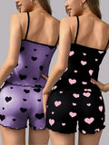 Women Pajama Set Summer Sleepwear Heart Love Pattern Cami Tops and Shorts Set Loungewear Soft Comfy Nightwear