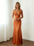 Summer Women's Satin Long Dress Spaghetti Strap Sleeveless V Neck Cutout Slim Fit Elegant Dress for Party Evening Solid Color