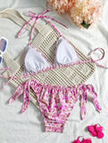 Women Cute Bikini Set 2025 New Summer Orange Floral Print Halter Ruffles Push Up Tie Side Thong Swimsuit Bathing Suit
