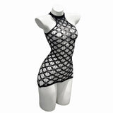 Sexy Mesh Halter Neck Hollow Out Open Crotch Dress With Exposed Chest And Sheer For Women Off-the-shoulder Mini Dress Charm RCIJ