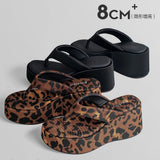 Vintage Y2K Leopard Flip&Flops Sandal Summer Chunky Platform Sandals Women Slipper Wedges Slides 8cm High Heels Shoes Mules