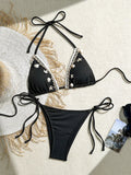 Shell Decoration Ribbed Halter Strappy Bikini Women Swimwear Female Swimsuit Two-pieces Bikini Set Bather Bathing Suit Swim Lady