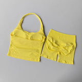 2PCS Seamless Halter Neck Yoga Set Push up Sports Bra And High Waist Butt Lift Fitness Shorts Tummy Control Fitness Wear