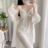 Gold velvet three-piece pajamas set, autumn and winter lace nightgown, sexy home wear with chest pad