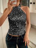 Phantasy Elegant Temperament Neck Sequin Camisole Women T-shirt Sexy Sleeveless Tank Top Female Clothes Tops 2025 Summer