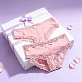 4Pcs/Set Women's Swim Fabric Lace Briefs Seamless Mid Waist Panties Solid No Show Underwear Cotton Gusset Plus Size 4XL