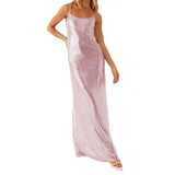 Women Shiny Sequins Dress Summer Draped Backless Spaghetti Strap Party Dress for Vacation Cocktail Beach Streetwear