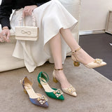 ZOKI Fashion Pearl Buckle Square Heels Pumps Women Pointed Toe Bling Crystal Party Shoes Woman Elegant Med Heels Bride Shoes