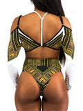 African Print Long Sleeve High Waist Bikini Women Swimsuit Female Swimwear Two Pieces Bikini Set Off Shoulder Bathing Suit Swim
