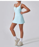 Front Zipper Tennis Dresses Women Summer Sleeveless Sports Athletic Dress Outdoor Cross Backless Pocket Short Workout Skirts