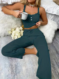 Women’s Summer Lace Trim Pajama Set, Ribbed Cami Top and Long Pants, Soft Casual Loungewear Sleepwear for Ladies