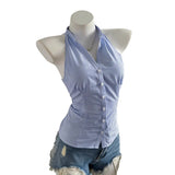 Summer Casual Shirt Women's Blue Striped Halter Top V Neck Button Down Sleeveless Slim Fit Blouse 2026 Y2K Style Streetwear