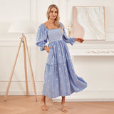 Women Spring Fall Long Dress Long Sleeve Dress Square Neck Embroidery Flower Loose Swing Dress Wit Pocket
