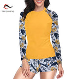 Women Two Pieces Vintage Print Rash Guard Swimwear Long Sleeve Shirt Shorts Surf Top Retro Print Running Shirt Split Swimsuit