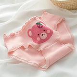 1-Pack Kawaii Bear Print Cotton Panties Women's Breathable Underwear Peach Blush Gingham Ruffled Briefs Low Rise Ladies Lingerie