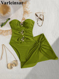 XS - L 6 Colors One Piece Swimsuit Female With Skirt Cut Out Women Swimwear Bandeau Metal Ring Bather Bathing Suit Swim V8108