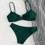 Sexy U-shape Metal Ribbed Jasper Bikinis Sets Two Pieces Thong Swimsuit Swimwear Bathing Suit Beach Outfits Biquini Tankini