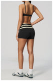 Breathable Striped Patchwork Yoga Clothing Women Fake Two-piece Sports Bra Folding High Waist Shorts Gym Running Fitness Suit