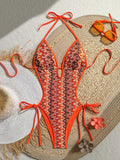Printed Halter V Neck One Piece Swimsuit Women Swimwear Female Backless Monokini High Leg Cut Bather Bathing Suit Swim Bodysuit